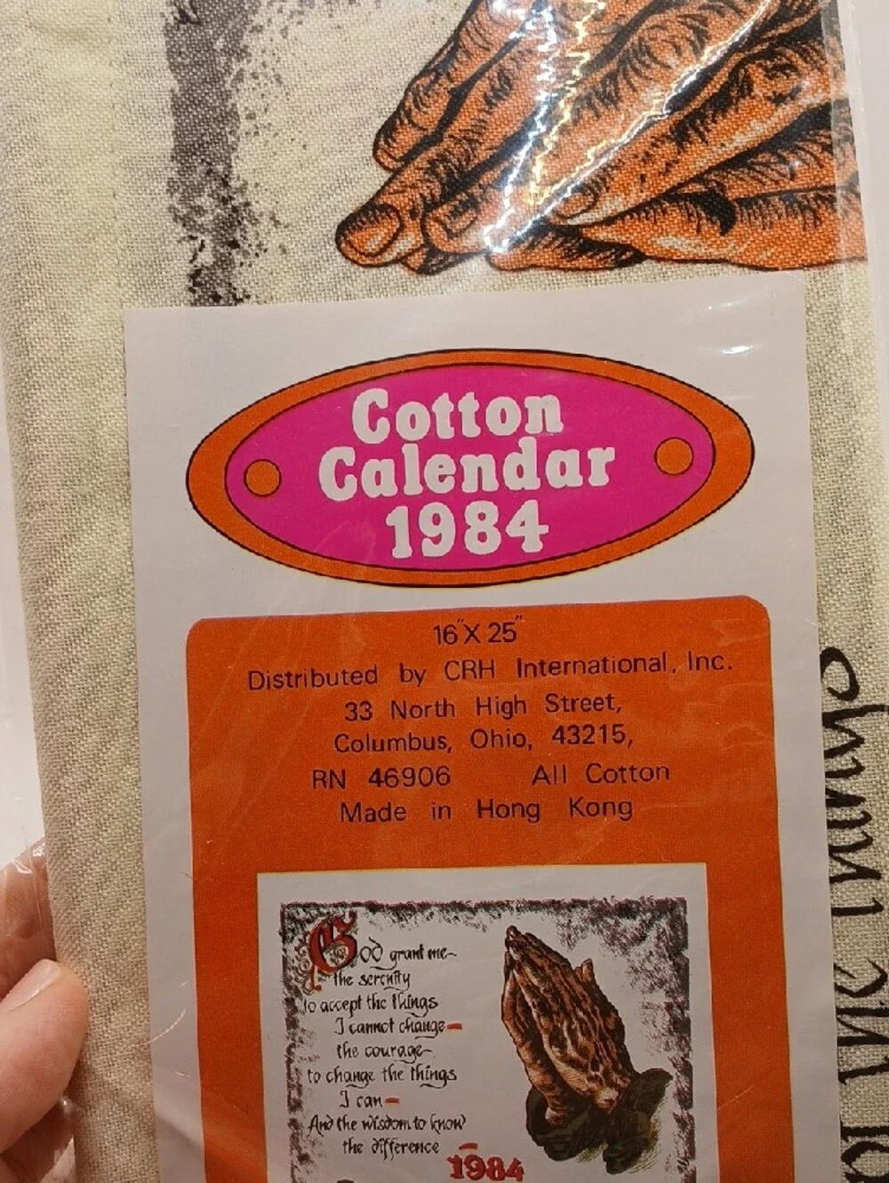 VTG Calendar 1984 Praying Hands Serenity Prayer Wall Hanging Tea Dish Towel